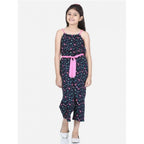 Girl's Rayon Flamingo Print Sleeveless Jumpsuit (Black-Pink)