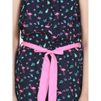 Girl's Rayon Flamingo Print Sleeveless Jumpsuit (Black-Pink)