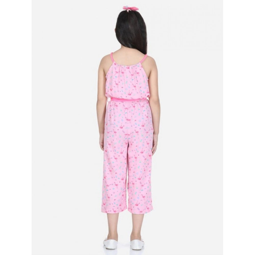 Girl's Rayon Flamingo Print Sleeveless Jumpsuit (Pink)