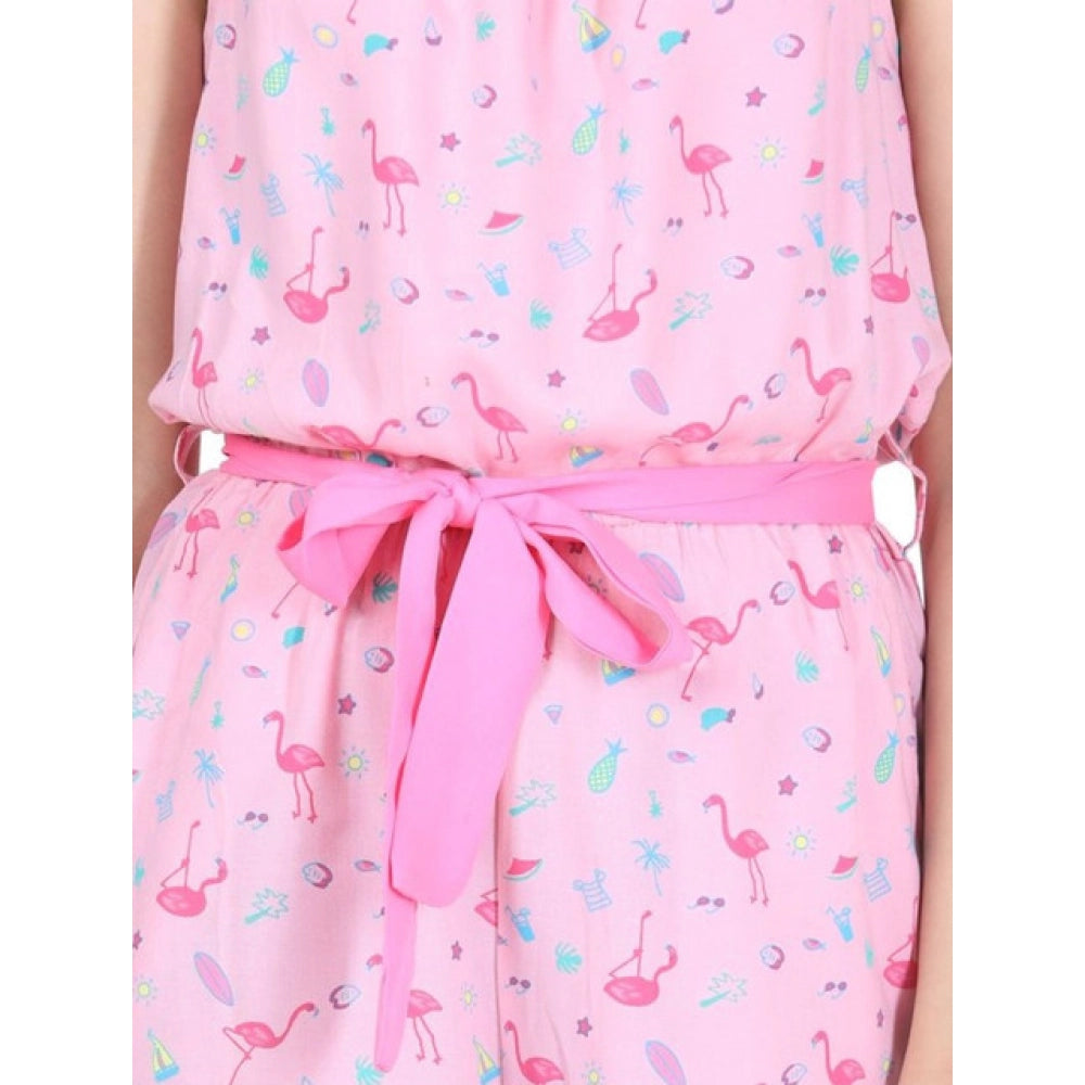 Girl's Rayon Flamingo Print Sleeveless Jumpsuit (Pink)