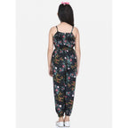 Girl's Rayon Flamingo Print Sleeveless Jumpsuit (Black-Multicolor)