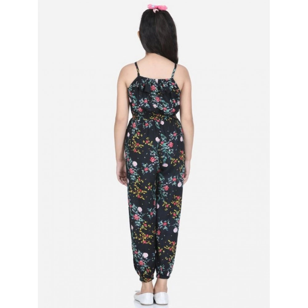 Girl's Rayon Flamingo Print Sleeveless Jumpsuit (Black-Multicolor)