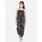Girl's Rayon Flamingo Print Sleeveless Jumpsuit (Black-Multicolor)
