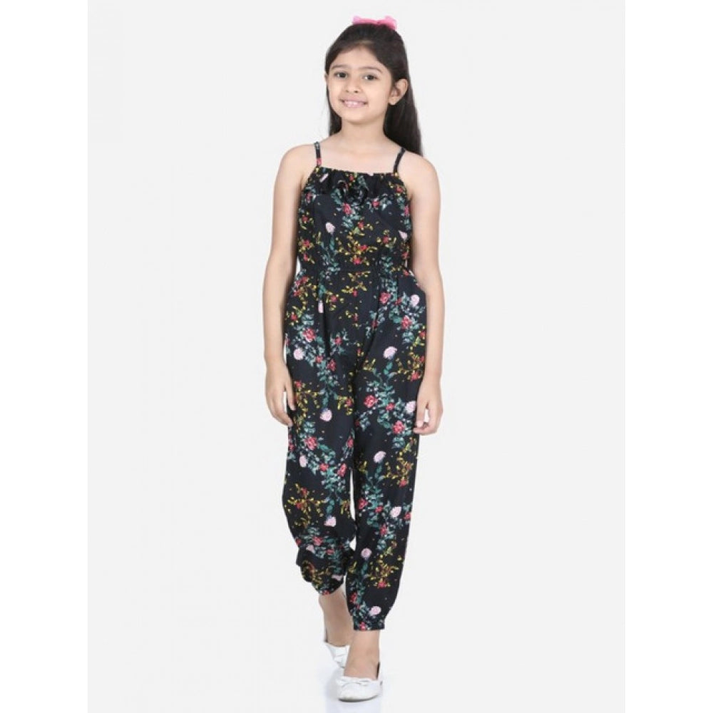 Girl's Rayon Flamingo Print Sleeveless Jumpsuit (Black-Multicolor)
