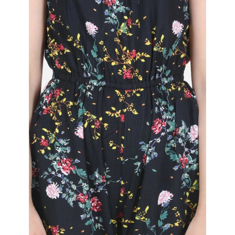 Girl's Rayon Flamingo Print Sleeveless Jumpsuit (Black-Multicolor)