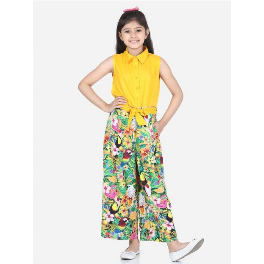 Girl's Rayon Flamingo Print Sleeveless Jumpsuit (Yellow-Multicolor)