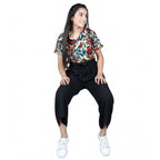 Girl's Polyester Printed Short Sleeves Jumpsuit (Multicolor-Black)