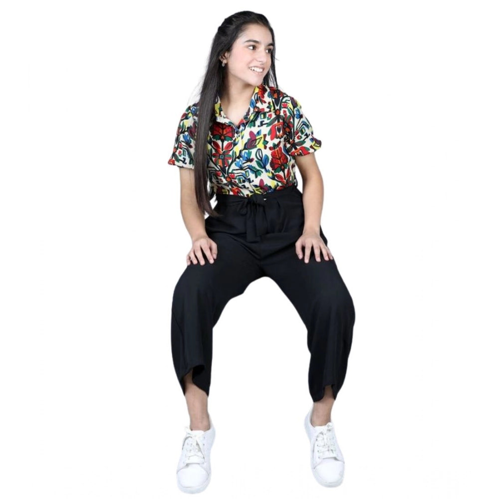 Girl's Polyester Printed Short Sleeves Jumpsuit (Multicolor-Black)