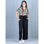 Girl's Polyester Printed Short Sleeves Jumpsuit (Multicolor-Black)