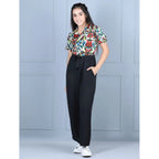 Girl's Polyester Printed Short Sleeves Jumpsuit (Multicolor-Black)