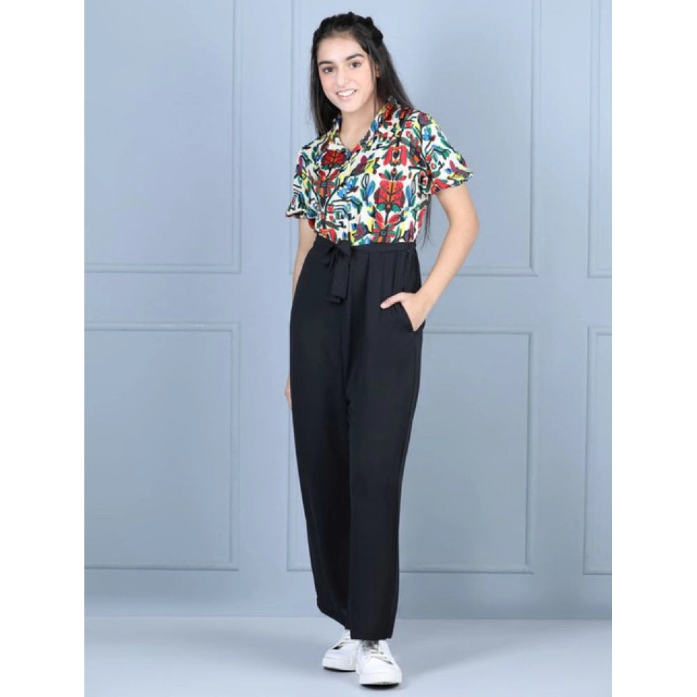 Girl's Polyester Printed Short Sleeves Jumpsuit (Multicolor-Black)