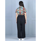 Girl's Polyester Printed Short Sleeves Jumpsuit (Multicolor-Black)