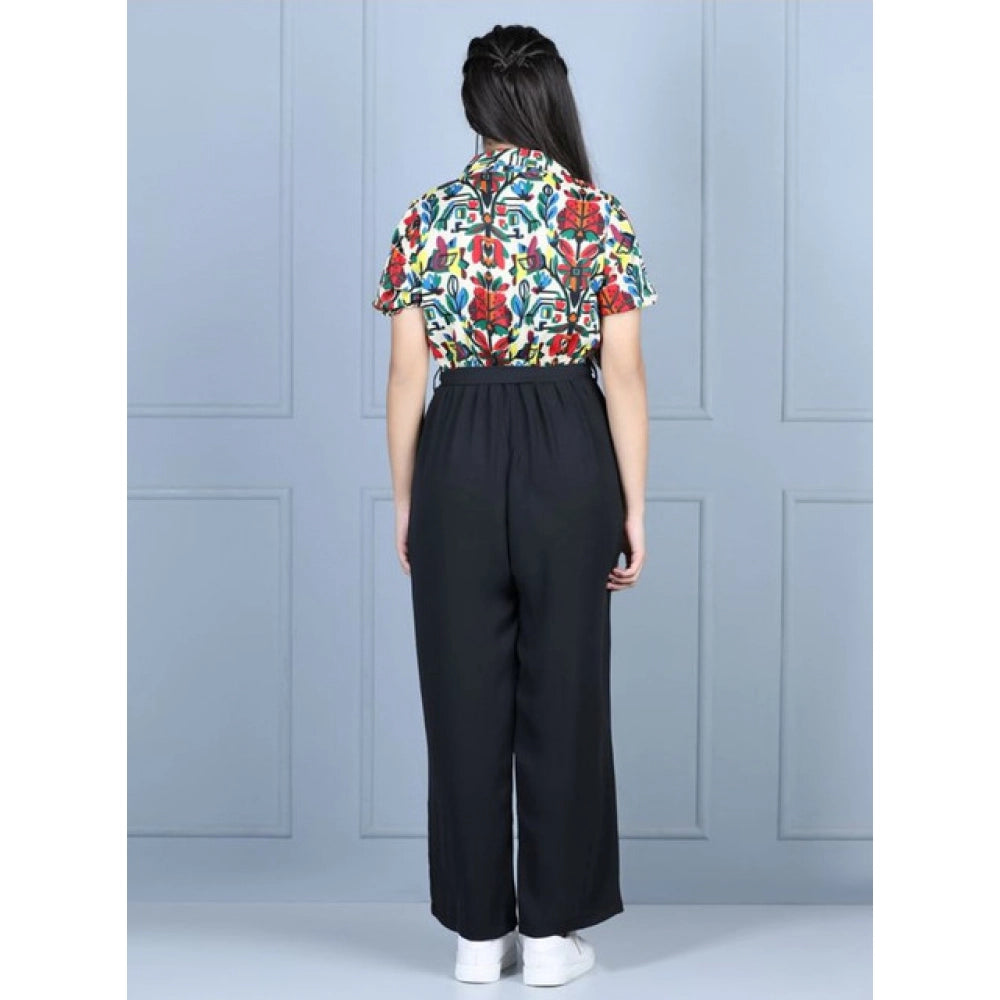 Girl's Polyester Printed Short Sleeves Jumpsuit (Multicolor-Black)