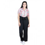 Girl's Polyester Floral Short Sleeves Jumpsuit (White-Black)