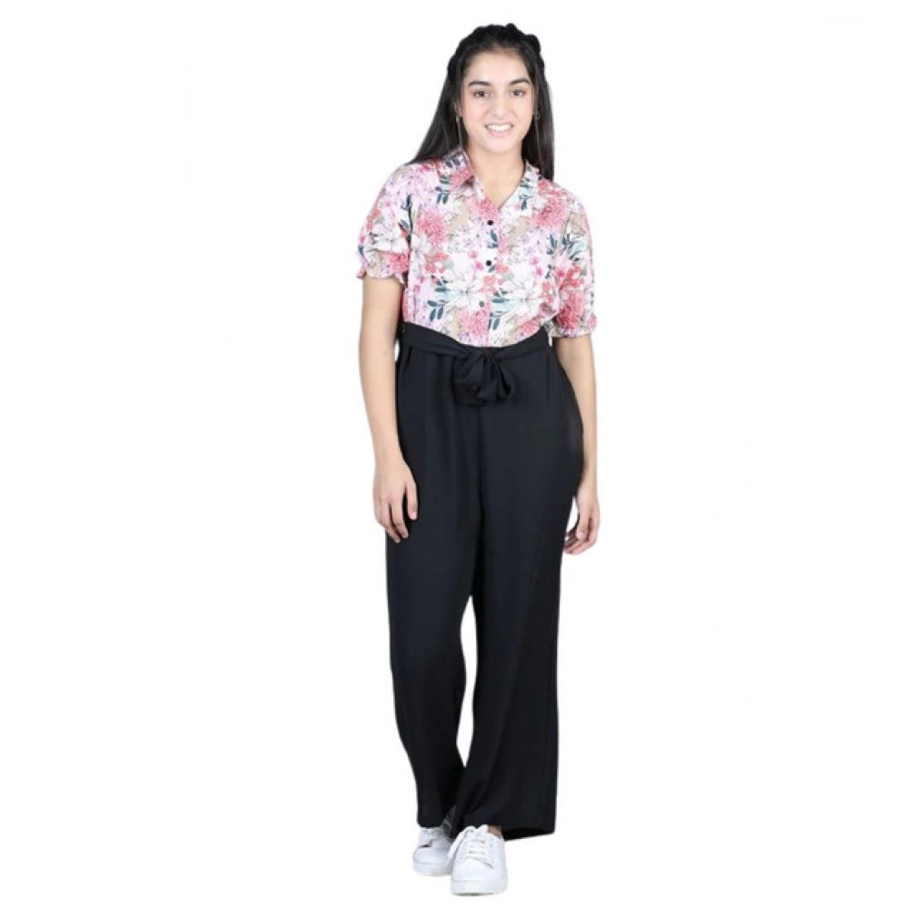 Girl's Polyester Floral Short Sleeves Jumpsuit (White-Black)