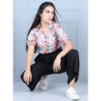 Girl's Polyester Floral Short Sleeves Jumpsuit (White-Black)