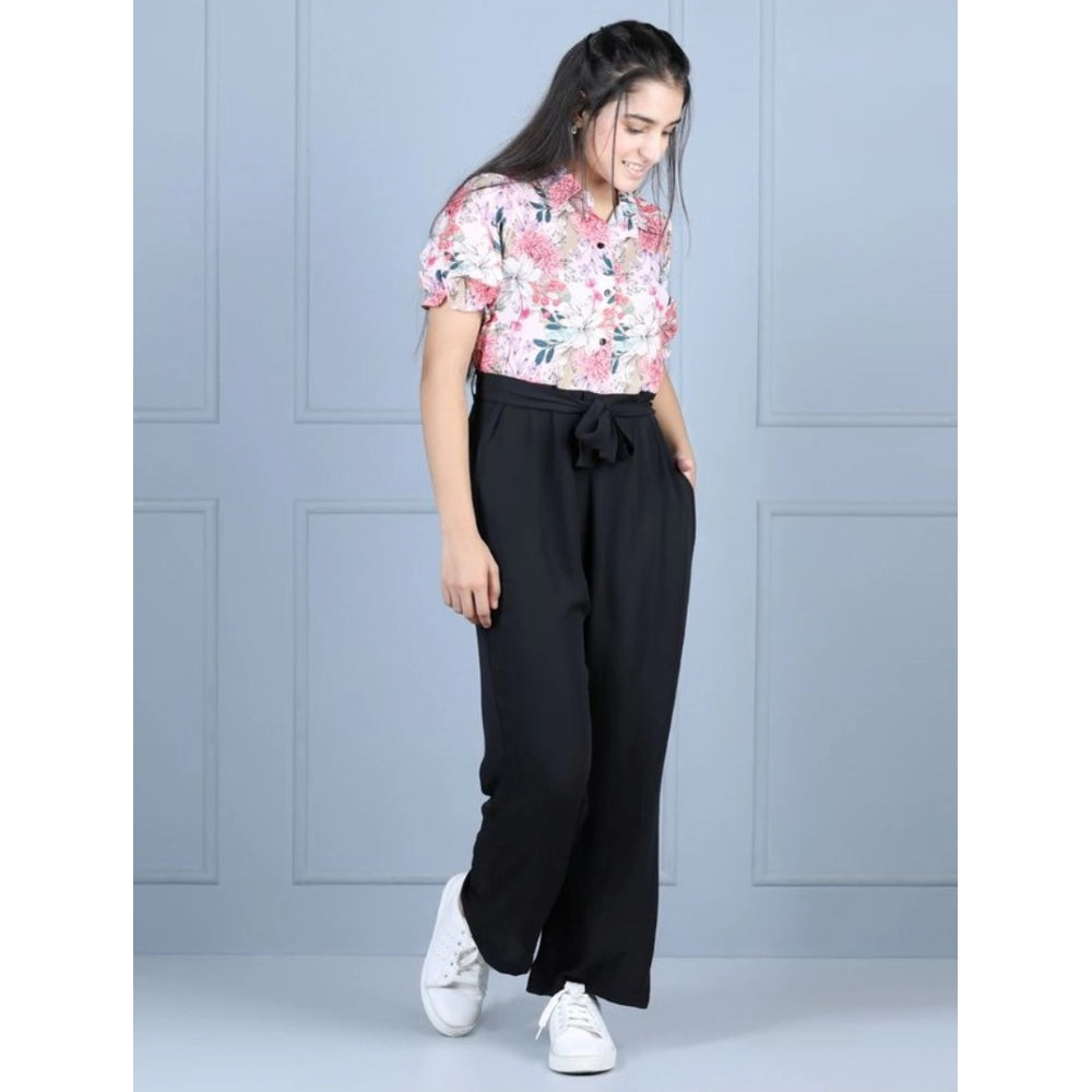 Girl's Polyester Floral Short Sleeves Jumpsuit (White-Black)