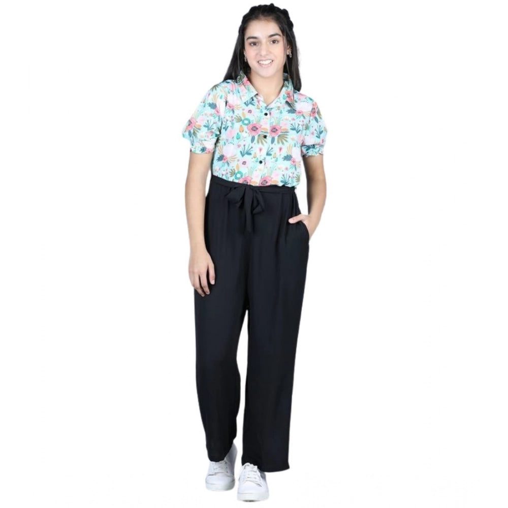 Girl's Polyester Floral Short Sleeves Jumpsuit (Green-Black)