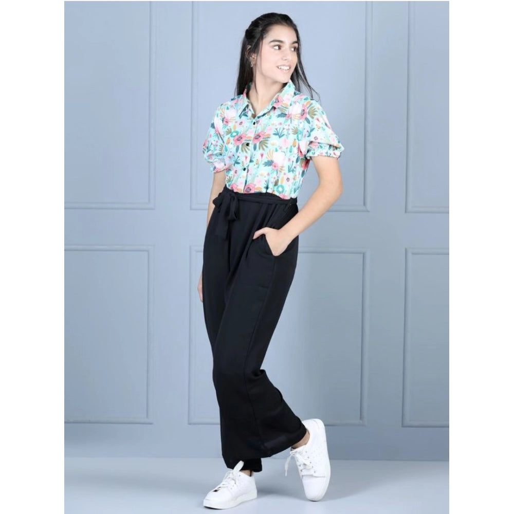 Girl's Polyester Floral Short Sleeves Jumpsuit (Green-Black)