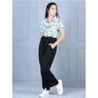 Girl's Polyester Floral Short Sleeves Jumpsuit (Green-Black)