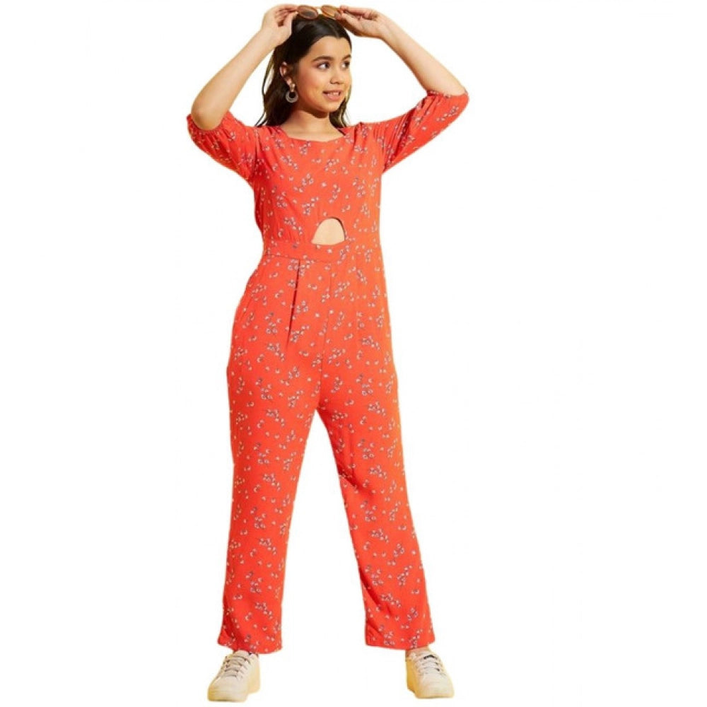 Girl's Polyester Floral 3/4th Sleeve Jumpsuit (Coral)