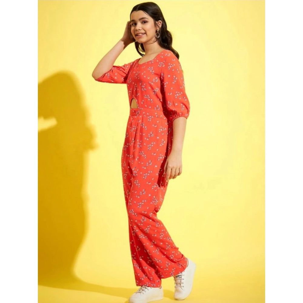 Girl's Polyester Floral 3/4th Sleeve Jumpsuit (Coral)