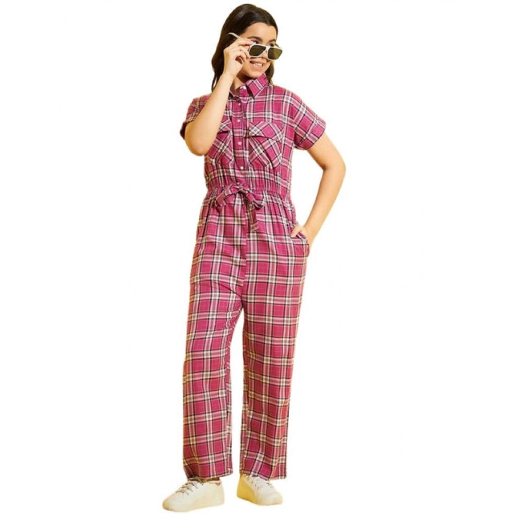 Girl's Cotton Checkered Short Sleeves Jumpsuit (Pink)