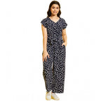 Girl's Polyester Moss Floral Short Sleeves Jumpsuit (Navy-white)