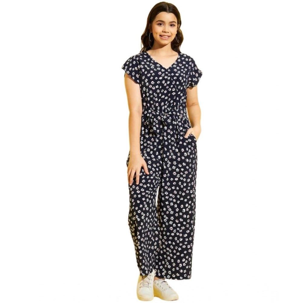 Girl's Polyester Moss Floral Short Sleeves Jumpsuit (Navy-white)