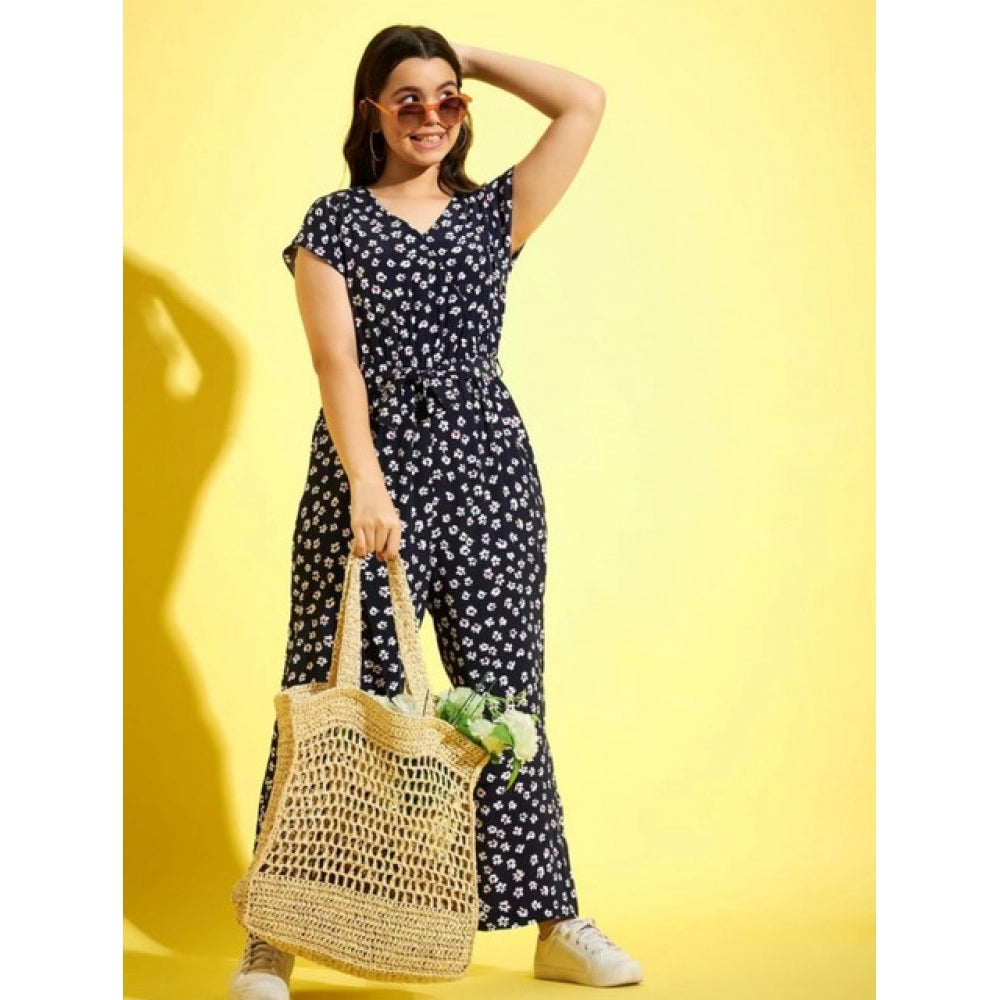 Girl's Polyester Moss Floral Short Sleeves Jumpsuit (Navy-white)