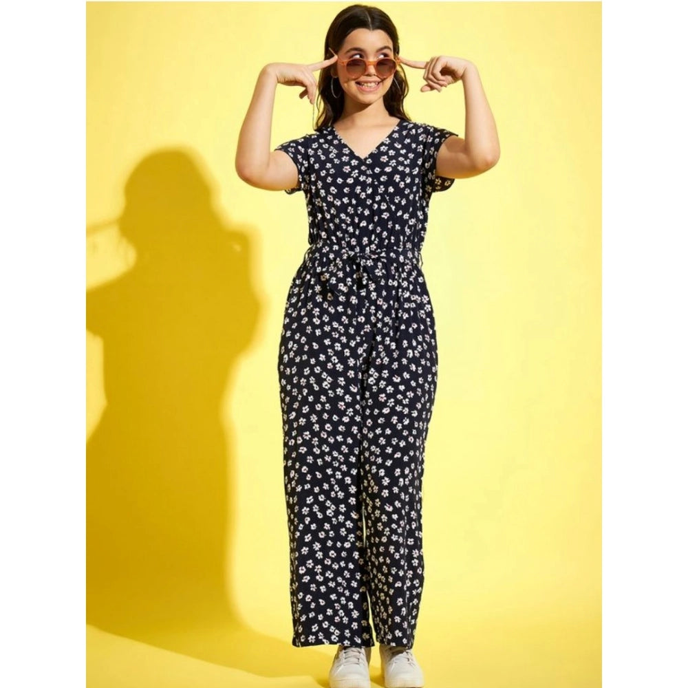 Girl's Polyester Moss Floral Short Sleeves Jumpsuit (Navy-white)