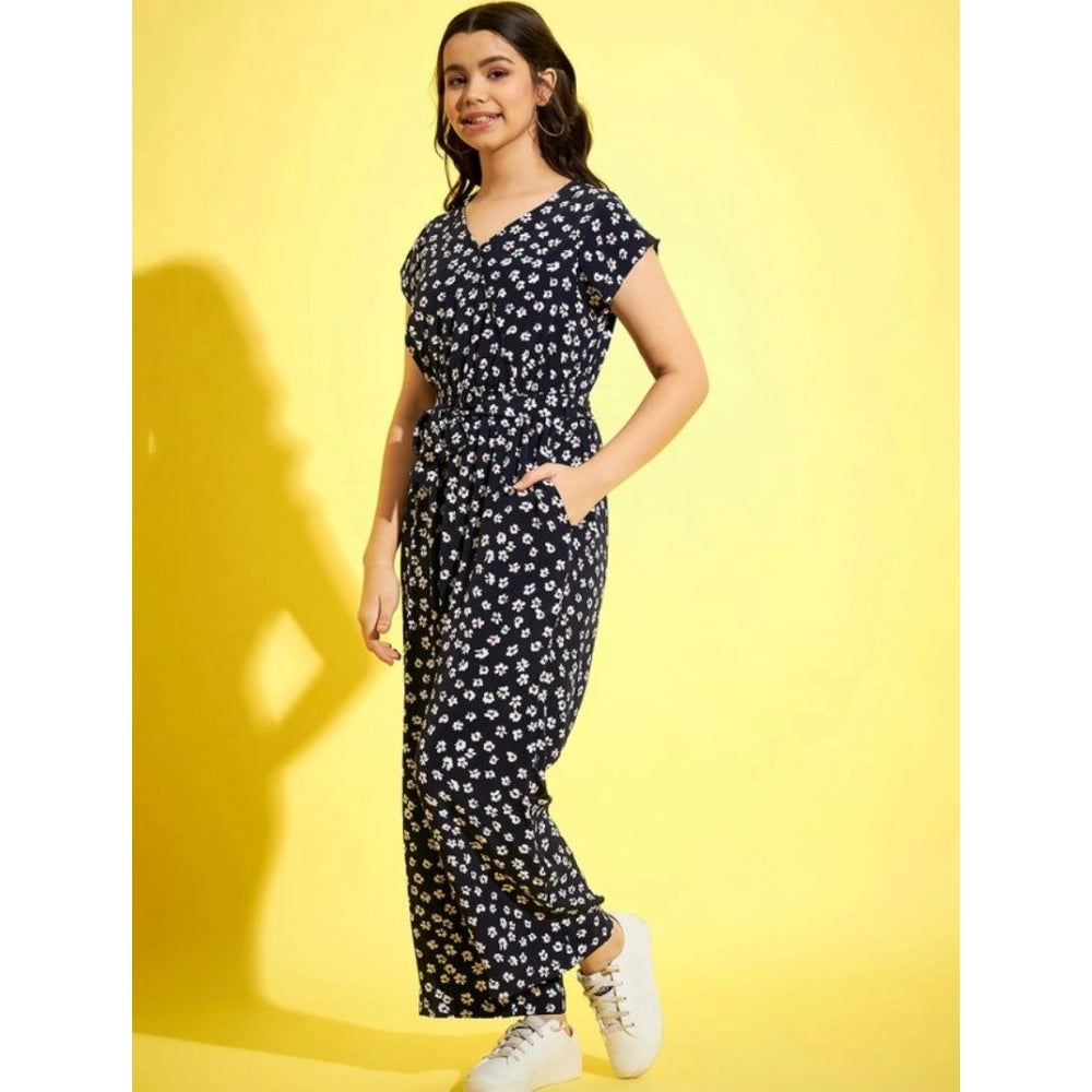 Girl's Polyester Moss Floral Short Sleeves Jumpsuit (Navy-white)