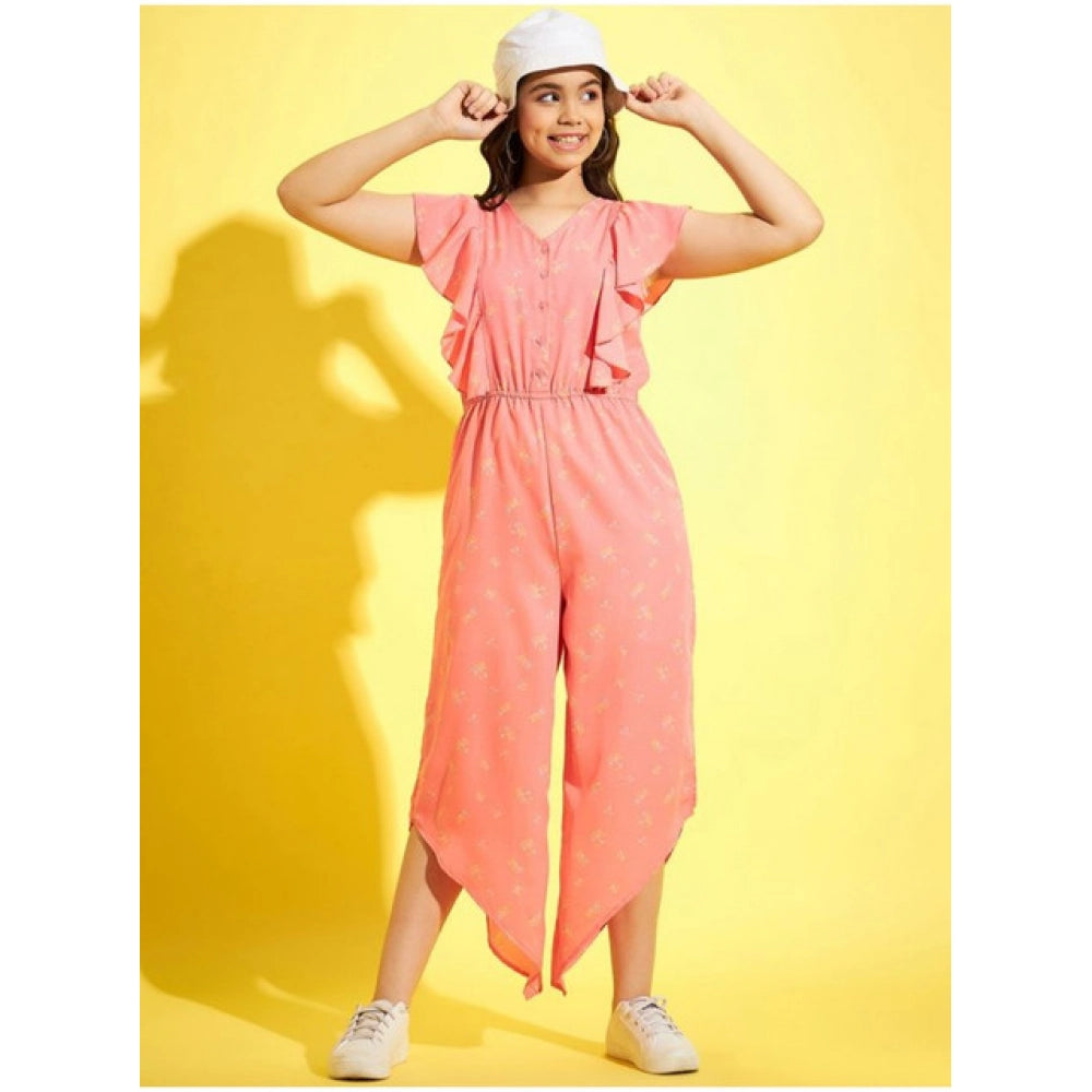 Girl's Polyester Floral Sleeveless Jumpsuit (Pink)
