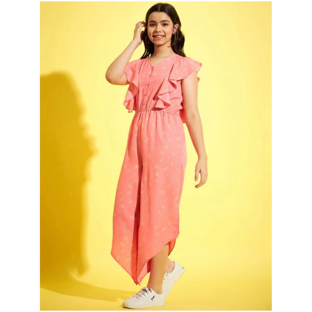 Girl's Polyester Floral Sleeveless Jumpsuit (Pink)