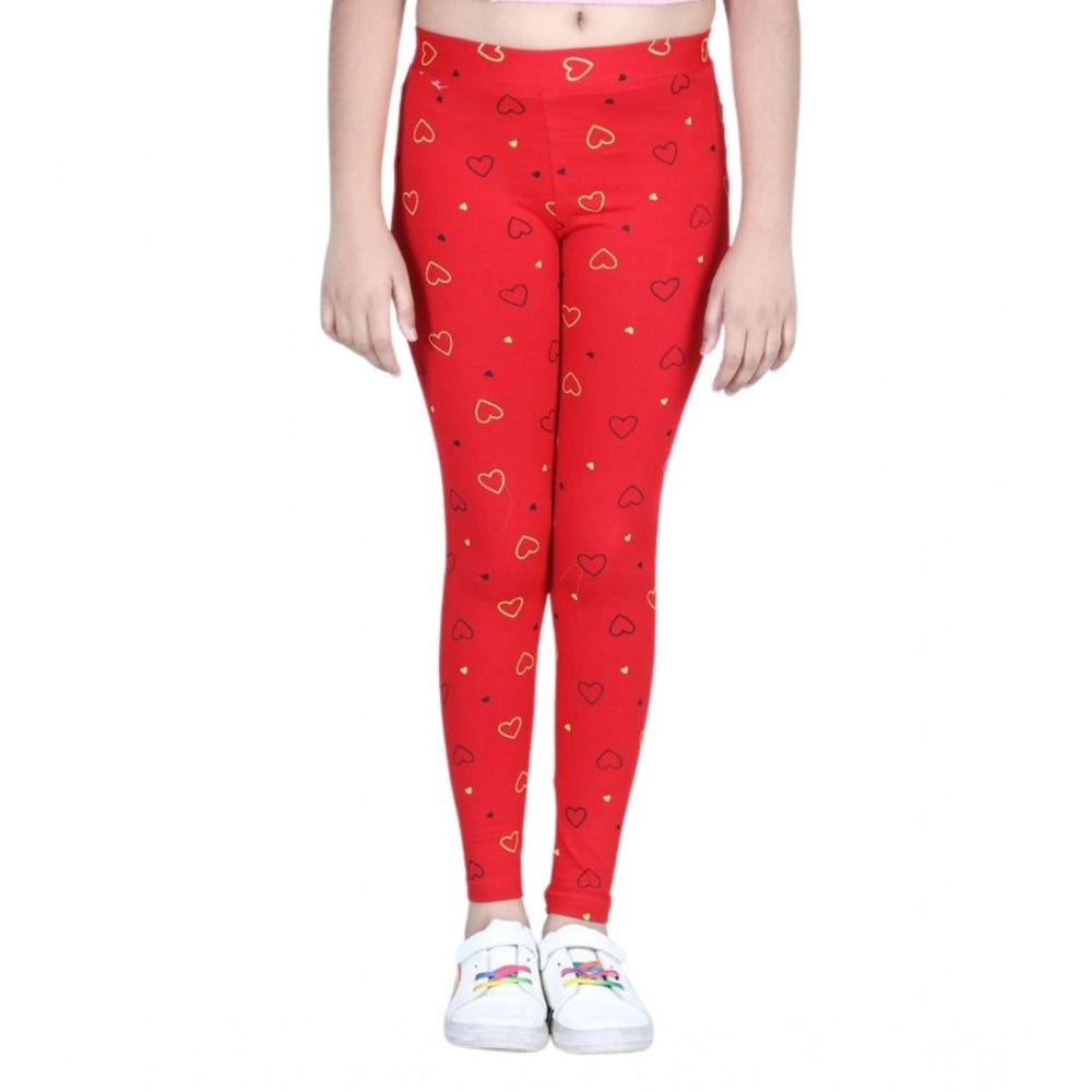 Girl's Cotton Lycra Printed Elasticated Leggings (Red)