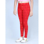 Girl's Cotton Lycra Printed Elasticated Leggings (Red)