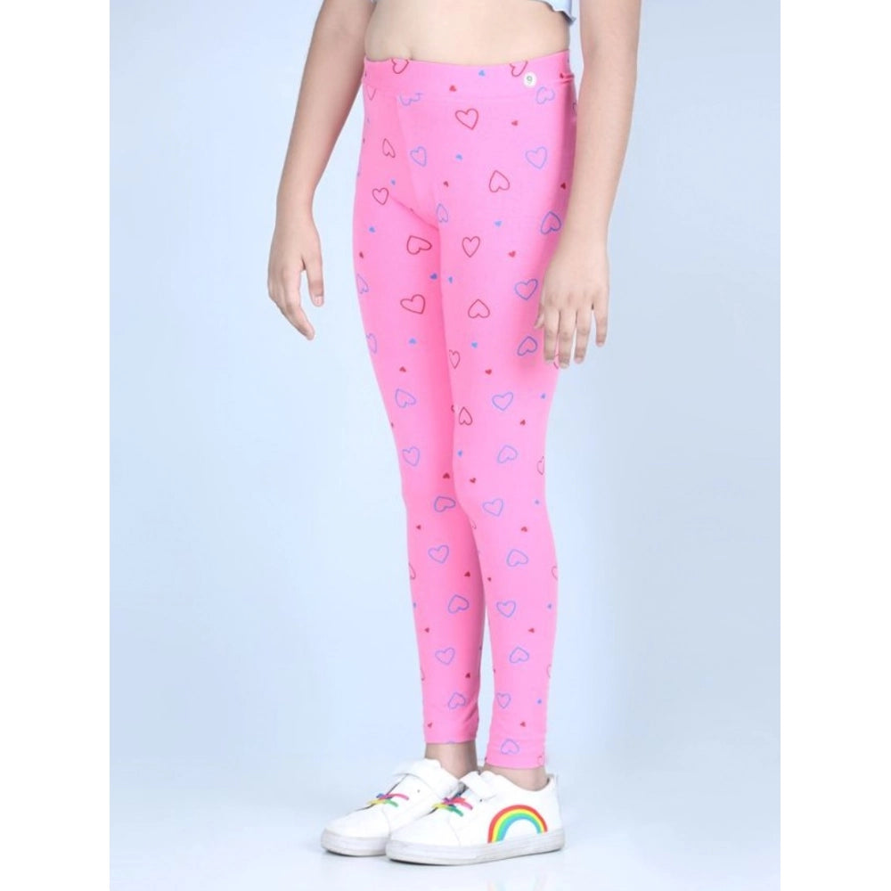 Girl's Cotton Lycra Printed Elasticated Leggings (Light Pink)