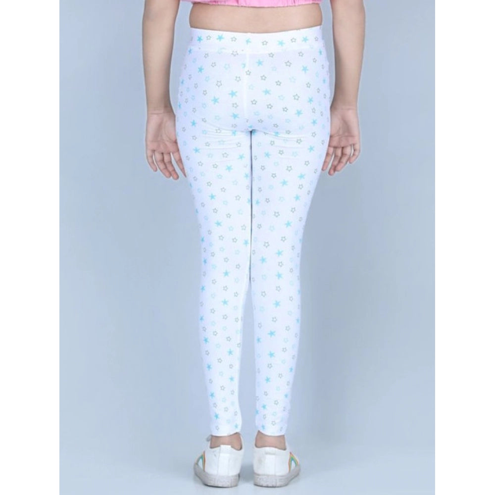 Girl's Cotton Lycra Printed Elasticated Leggings (White)