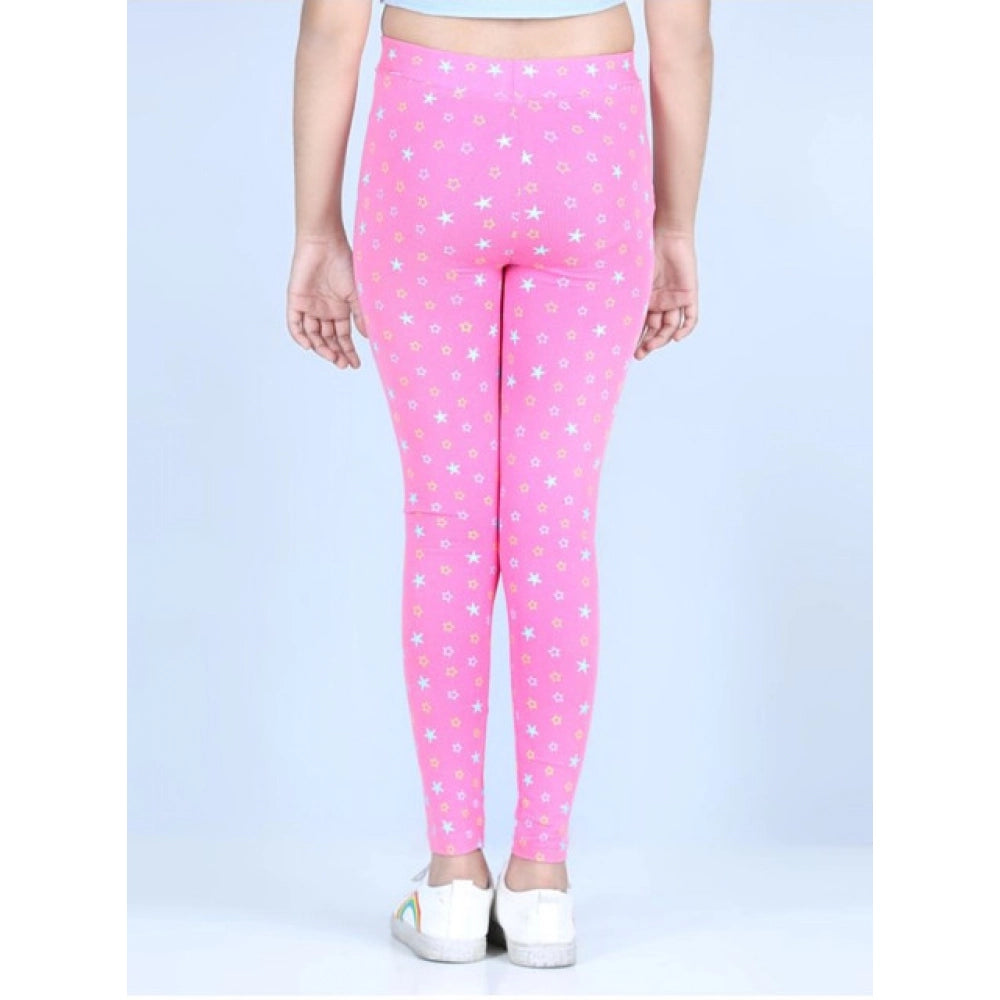 Girl's Cotton Lycra Printed Elasticated Leggings (Pink)