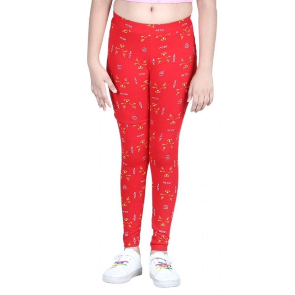 Girl's Cotton Lycra Printed Elasticated Leggings (Red)
