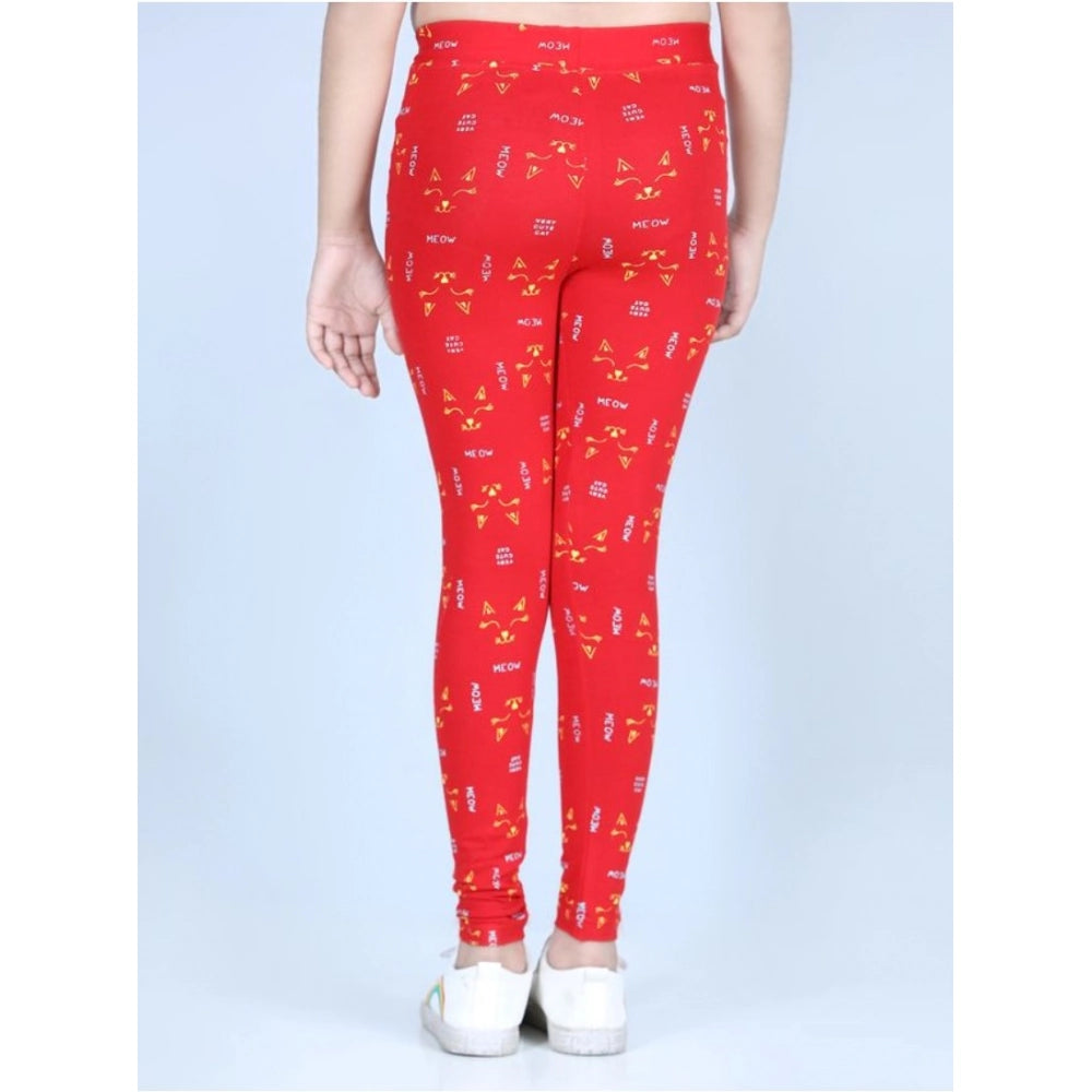 Girl's Cotton Lycra Printed Elasticated Leggings (Red)