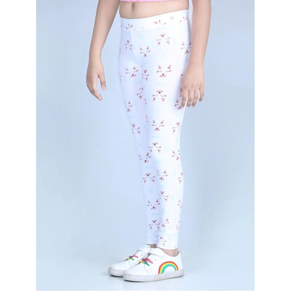 Girl's Cotton Lycra Printed Elasticated Leggings (White)