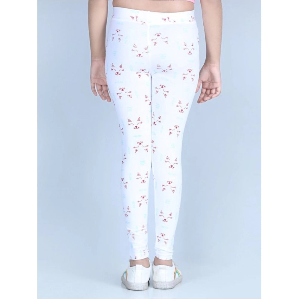 Girl's Cotton Lycra Printed Elasticated Leggings (White)