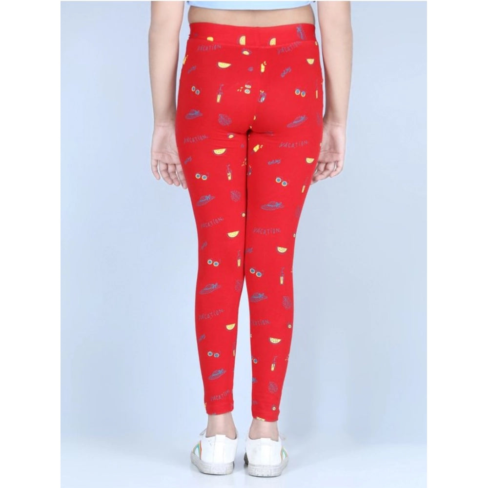 Girl's Cotton Lycra Printed Elasticated Leggings (Red)