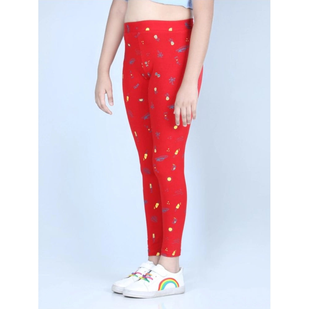 Girl's Cotton Lycra Printed Elasticated Leggings (Red)