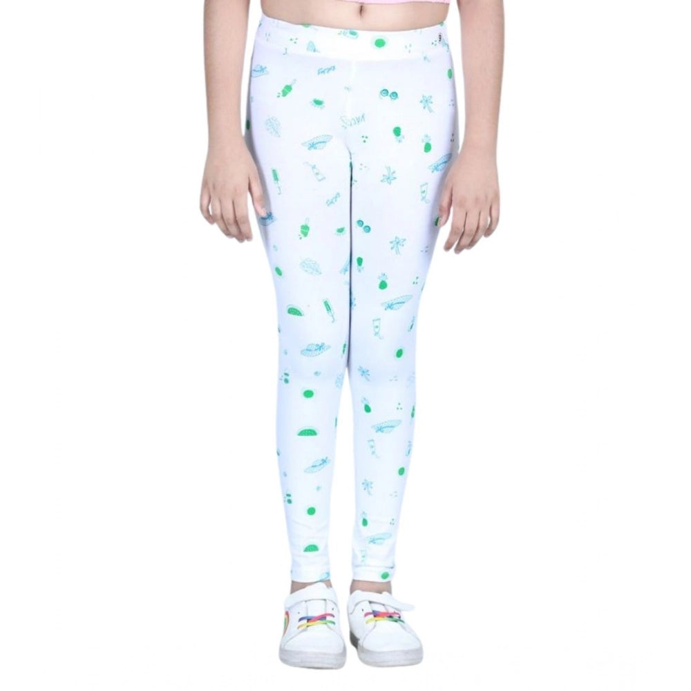 Girl's Cotton Lycra Printed Elasticated Leggings (White)