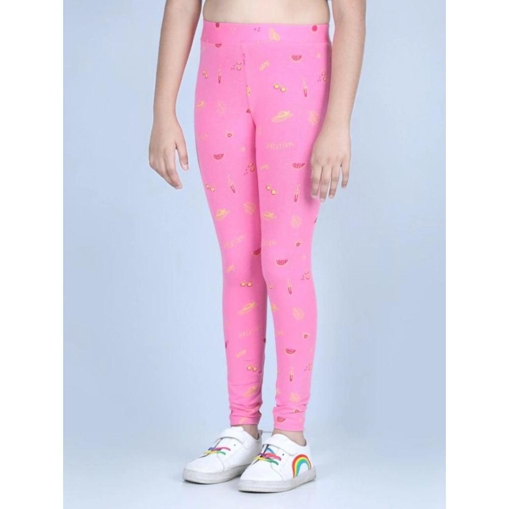 Girl's Cotton Lycra Printed Elasticated Leggings (Pink)