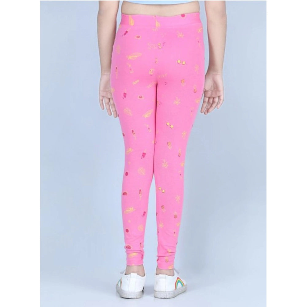 Girl's Cotton Lycra Printed Elasticated Leggings (Pink)