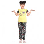 Girl's Cotton Hosiery Printed Night Suit Set (Yellow-Black)