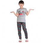 Girl's Cotton Hosiery Printed Night Suit Set (Grey-Red)